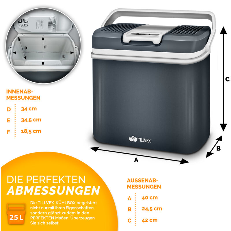 tillvex Kühlbox elektrisch 24L Grau Mini-Kühlschrank 230 V und 12 V für KFZ  Auto Camping kühlt & wärmt ECO-Modus