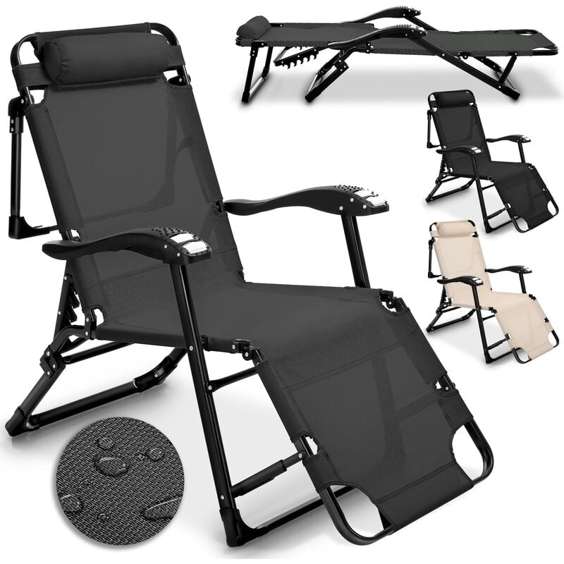 Sonnenliege Massagefunktion Gartenliege Rückenlehne Liegestuhl und und klappbar tillvex Kopfkissen Schwarz mit verstellbarer Armlehnen Stahlrahmen mit verstellbar mit