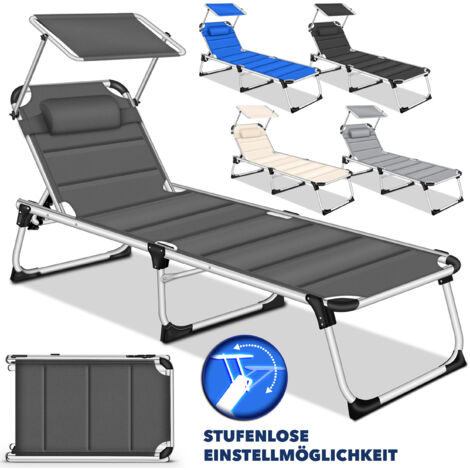 tillvex® Sonnenliege mit Dach und Kopfkissen Anthrazit - Premium Polsterung Gartenliege Liegestuhl klappbar Strandliege mit verstellbarer Rückenlehne, gepolsterte Liegefläche Aluminium Liege