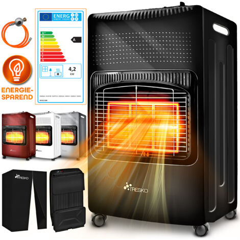 TRESKO® 4200 Watt Gasheizer schwarz inkl. Gasdruckregler Gasschlauch + Abdeckung Gasofen Gasheizofen Keramik mit 3 Stufen Infrarot Gasheizgerät Heizstrahler für Butan- oder Propangasflaschen bis 15