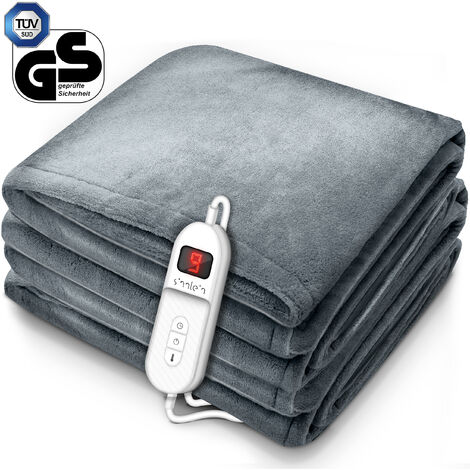 sinnlein® Heizdecke aus Plüsch 200 x 180 cm Hellgrau elektrische Wärmedecke mit Abschaltautomatik Kuscheldecke Timerfunktion 9 Temperaturstufen waschbar bis 40°C Digitalanzeige