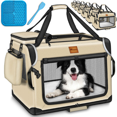 TRESKO® Hundebox faltbar Beige (XL 83x58x58cm) inkl. Leckmatte, Spatel & Reflektoren Transportbox für Hunde und Katzen Hundetransportbox für kleine & große Hunde Hundetasche robust
