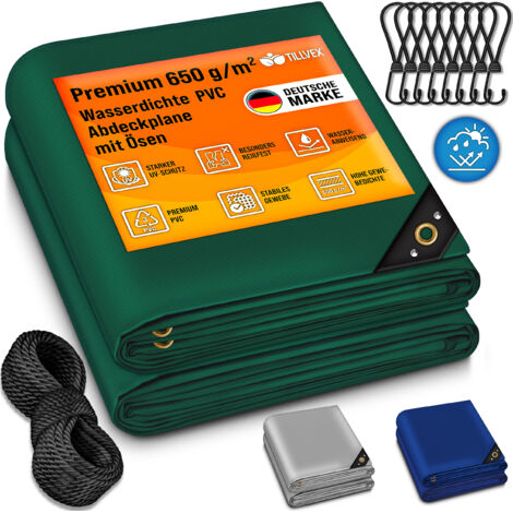tillvex® Abdeckplane Grün 3x6 m mit Ösen + 10 Haken & 15m Seil  Gewebeplane 650g/m² Wasserdicht & Reißfest  Premium PVC-Plane Universell LKW, Pool, Holz Gartenmöbel  Gartenplane Abdeckung