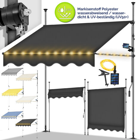 tillvex Klemmmarkise 300 cm Beige mit LED mit Handkurbel Balkon Balkonmarkise ohne Bohren Markise UV-beständig & höhenverstellbar Sonnenschutz wasserdicht