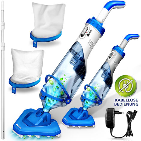 tillvex Poolsauger Blau/Weiß mit Akku & Teleskopstange + Ersatzfilter bis zu 15 m³  Pool Bodensauger elektrisch  Poolreiniger mit Filter & 60 min Laufzeit  Handsauger Reinigungsset kabellos