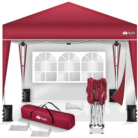 tillvex Pavillon 3x3m wasserdicht Rot - mit 2 Seitenteilen Pop-Up Faltpavillon höhenverstellbar Gartenzelt UV Schutz 50+ Partyzelt mit Tasche für Garten