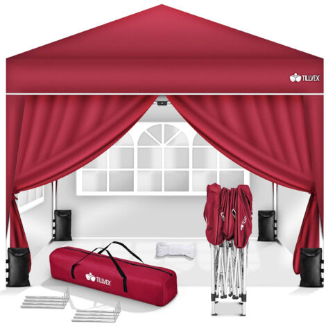 tillvex Pavillon 3x3m wasserdicht Rot - mit 4 Seitenteilen Pop-Up Faltpavillon höhenverstellbar Gartenzelt UV Schutz 50+ Partyzelt mit Tasche für Garten