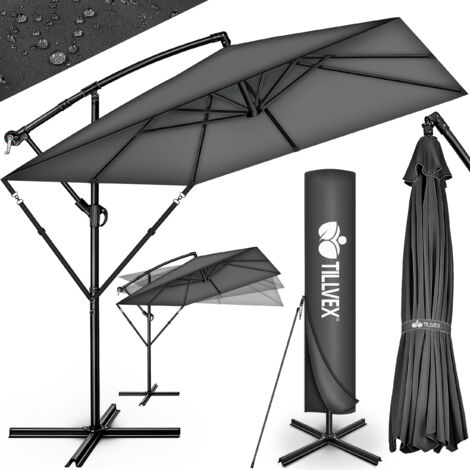 tillvex® Alu Sonnenschirm Rechteckig Ø 330 cm Anthrazit + Abdeckung mit Kurbel Ampelschirm Eckig mit Ständer & Windschutz Gartenschirm UV-Schutz Aluminium Kurbelschirm Marktschirm wasserdicht 360°