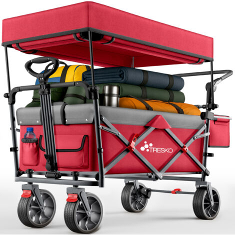 TRESKO® Bollerwagen Faltbar mit Dach Rot, Kühlfach & Seitenrollos Handwagen max. belastbar bis 150kg Transportwagen mit Vollgummireifen & Feststellbremsen (Vorne & Hinten) und 3-Punkt-Gurt (1/5)