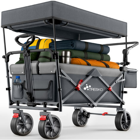 TRESKO® Bollerwagen Faltbar mit Dach Anthrazit, Kühlfach & Seitenrollos Handwagen max. belastbar bis 150kg Transportwagen mit Vollgummireifen & Feststellbremsen (Vorne & Hinten) und 3-Punkt-Gurt (1/5)