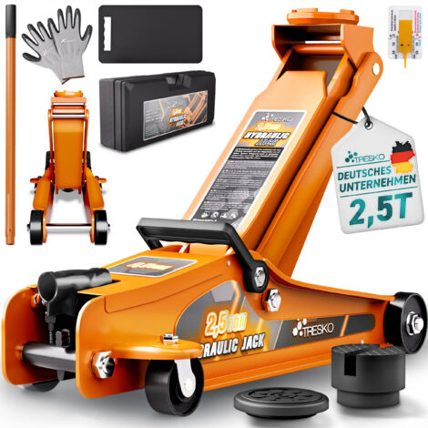 TRESKO® Wagenheber hydraulisch 2,5T Hubhöhe 85-385mm mit Tragekoffer Hydraulik KFZ Rangierwagenheber flach für tiefergelegte Autos & 360° Rollen inkl. 2X Gummiauflage, Schutzmatte, Handschuhe, Profil (1/5)