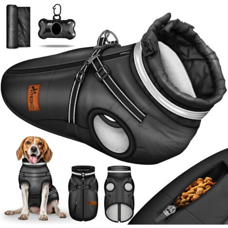 TRESKO® Hundejacke Schwarz / Größe XXL Winter mit Reflektoren inkl. 15 Stück Kotbeutel + Spender Hunderegenmantel wasserdicht Hundemantel inkl. Geschirr Hunde Winterweste gefüttert