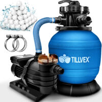 tillvex® Sandfilteranlage Pool Blau 13.200L/h bis 40.000L + 1200g Filterbälle Filteranlage 7-Wege Ventil & 2in1 Adapter Ø32-38mm Poolfilter Selbstansaugend Sandfilter Schwimmbecken