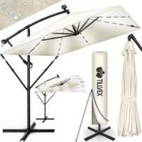 tillvex® Alu Sonnenschirm Rechteckig Ø 330 cm mit LED Solar Beige + Abdeckung mit Kurbel Ampelschirm mit Ständer & Windschutz Gartenschirm UV-Schutz, wasserdicht, 360° drehbar Kurbelschirm Marktsch