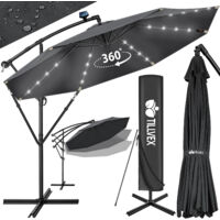 tillvex Alu Ampelschirm Anthrazit LED Solar Ø 300 cm mit Kurbel Sonnenschirm mit An-/Ausschalter Gartenschirm UV-Schutz Aluminium Kurbelschirm mit Ständer Marktschirm wasserdicht