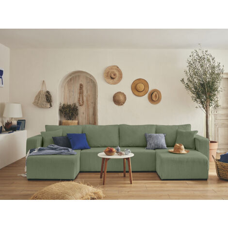 Bestmobilier – Canapé panoramique en U 7 places convertible – Coffre de rangement intégré – Revêtement en velours côtelé – Style boho élégant
