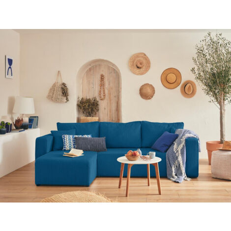 Bestmobilier – Canapé d'angle réversible 4 places convertible – Coffre de rangement – Velours côtelé bleu ardoise – Dimensions L245xH85xP140 cm (1/5)