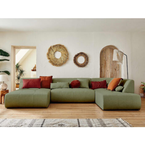 Lisa Design – Canapé d'angle panoramique 7 places – Tissu 100% polyester vert sauge – Dimensions L334 x H75 x P198 cm – Assise mousse 28kg/m3