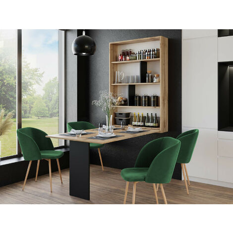 Bestmobilier – Table murale pliante 4 personnes – Noir/bois – Panneau stratifié 18mm – Rangement intégré – Pour petits espaces (1/5)