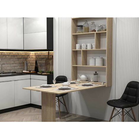 Bestmobilier – Table murale rabattable 4 personnes – Panneau stratifié blanc – Dimensions L80xP130 cm – Rangement intégré – Design contemporain (1/5)