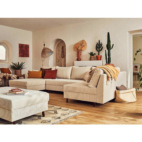 Lisa Design – Canapé d'angle droit 7 places en velours côtelé beige – Pouf d'appoint inclus – Dimensions L310 x H81 x P161 cm – Confort optimal (1/5)