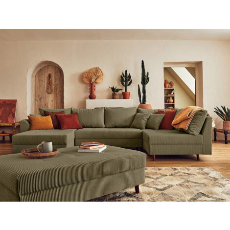 Lisa Design – Canapé panoramique d'angle droit 7 places – Pouf d'appoint inclus – Revêtement velours côtelé vert – Dimensions L310 x H81 x P161 cm (1/5)