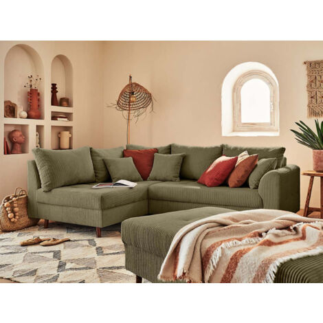Lisa Design – Canapé d'angle gauche 4 places en velours côtelé – Pouf d'appoint inclus – Confort optimal pour salon moderne – Couleur vert