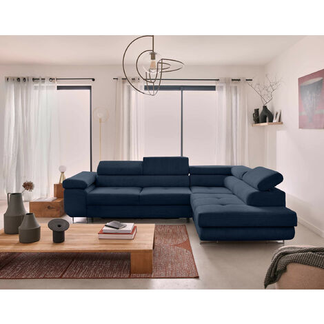 Bestmobilier – Canapé d'angle convertible 5 places avec coffre – Têtières réglables – Velours côtelé bleu – Couchage occasionnel 124x193 cm (1/5)