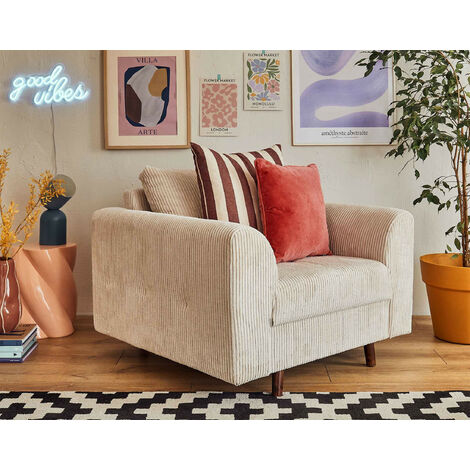 Lisa Design – Fauteuil relax en velours côtelé beige – Assise capitonnée – Structure en bois massif – Dimensions L97 x H81 x P93 cm (1/5)