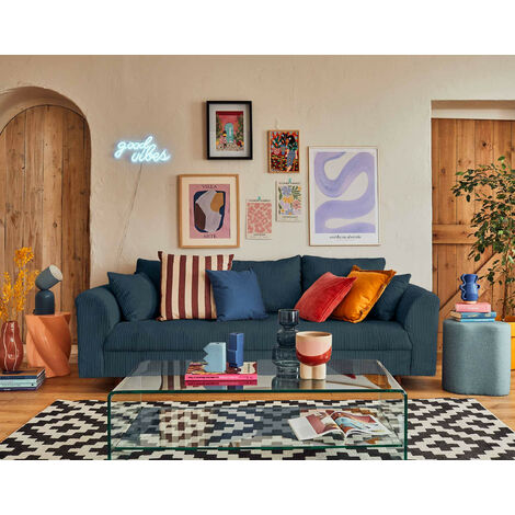Lisa Design – Canapé droit 3 places en velours côtelé bleu nuit – Structure bois massif – Assise mousse polyuréthane 25Kg/m3 – Dimensions L210xH81xP93 cm