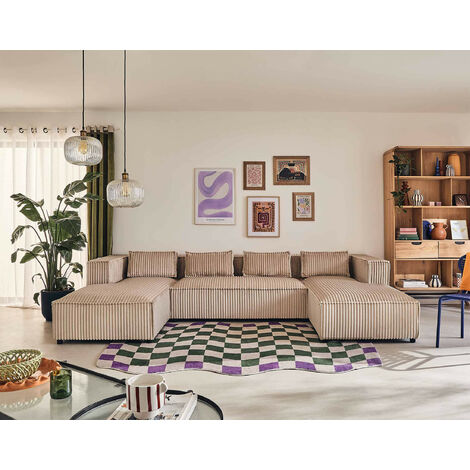 Lisa Design – Canapé panoramique en U 7 places – Velours côtelé grosses côtes beige – Confort modéré – Dimensions 327x176 cm (1/5)