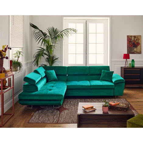 Bestmobilier – Canapé d'angle gauche 5 places convertible avec coffre – Têtières réglables – Revêtement velours – Dimensions L269 x P200 cm