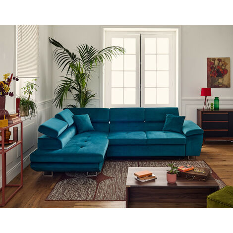 Bestmobilier – Canapé d'angle gauche 5 places convertible avec coffre de rangement – Têtières réglables – Revêtement velours – Dimensions L269 x P200 cm