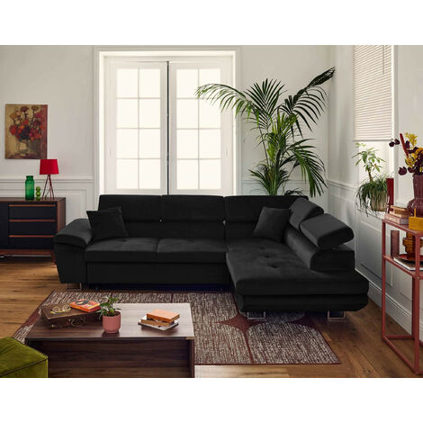 Bestmobilier – Canapé d'angle droit 5 places convertible avec coffre – Têtières réglables – Revêtement velours 100% polyester – Assise mousse polyuréthane
