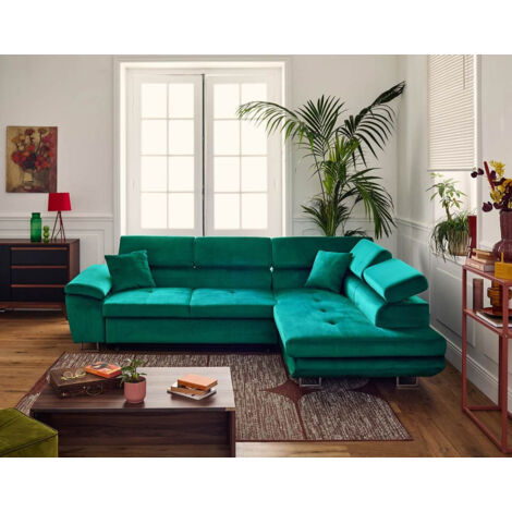 Bestmobilier – Canapé d'angle droit 5 places convertible – Coffre de rangement – Têtières réglables – Revêtement velours 100% polyester – Dimensions L269 x P200 cm