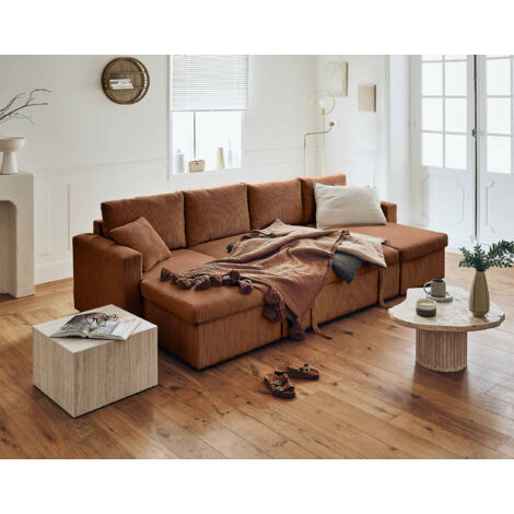 Canapé Panoramique En U Convertible 7 Places Avec Coffre - Velours Côtelé, Couleur Terracotta, Pour Grand Salon