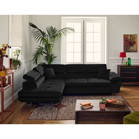 Bestmobilier – Canapé d'angle gauche convertible 5 places – Coffre de rangement – Têtières réglables – Revêtement velours 100% polyester – Dimensions L269 x P200 cm