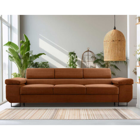 Bestmobilier – Canapé 3 places convertible – Têtières réglables – Velours côtelé 100% polyester – Dimensions couchage 125x210 cm – Pieds en métal chromés (1/5)