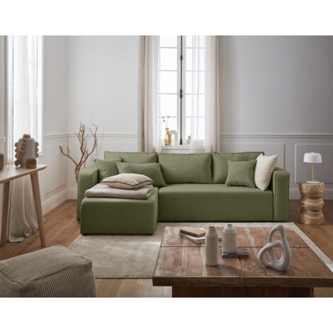 Bestmobilier – Canapé d'angle convertible 4 places – Réversible avec coffre de rangement – Tissu vert – Style contemporain – Dimensions 245x140cm (1/5)