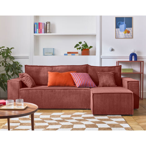 Bestmobilier – Canapé d'angle réversible 4 places convertible avec coffre – Velours côtelé rose – Dimensions L244xH83xP145 cm – Pour couchage occasionnel 125x200 cm
