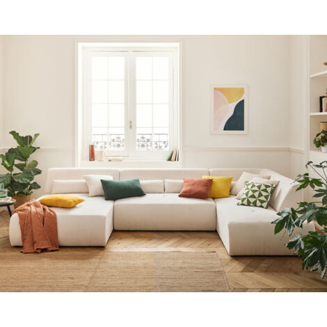 Bestmobilier – Canapé d'angle panoramique 7 places – Velours côtelé beige – Design sans accoudoirs – Dimensions 334x198cm – Charge max 600kg (1/5)