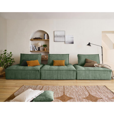 Lisa Design – Canapé modulable droit 3 places – Velours texturé vert – Coussins déhoussables – Design contemporain – Dimensions 366x122cm (1/5)