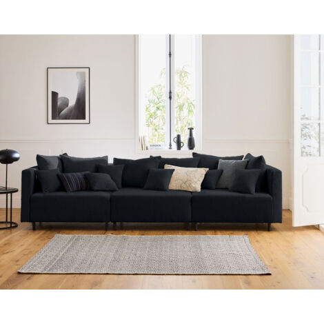 Lisa Design – Canapé modulable 3 places en velours côtelé noir – Structure en bois massif – Coussins déhoussables – Style contemporain (1/5)