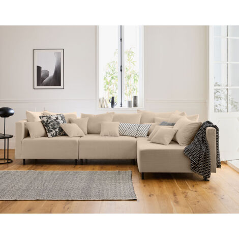 Lisa Design – Canapé modulable d'angle réversible 4 places – Velours côtelé beige – Pieds en métal noir – Dimensions 290x190cm (1/5)