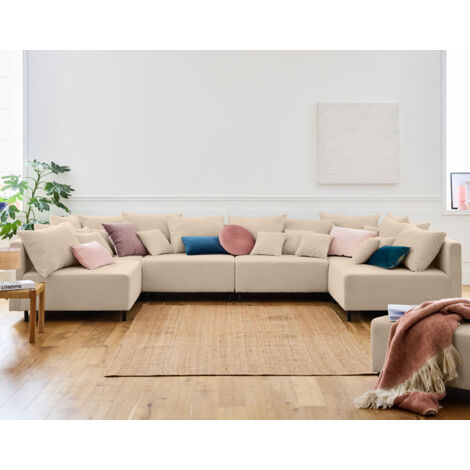Lisa Design – Canapé modulable panoramique 6 places – Revêtement velours côtelé beige – Pieds en métal noir – Coussins déhoussables (1/5)