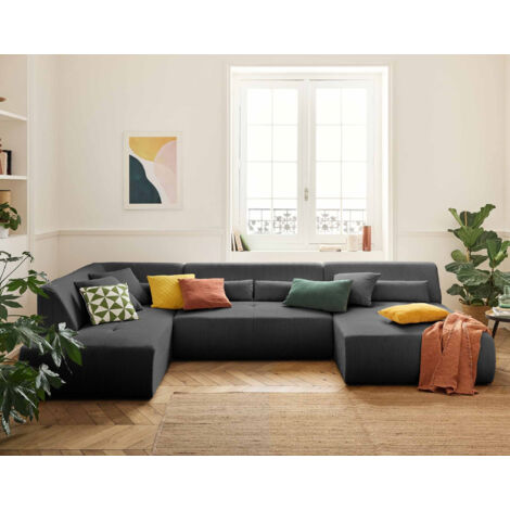 Lisa Design – Canapé panoramique d'angle gauche 7 places – Revêtement en velours côtelé – Gris foncé – Dimensions 334x198 cm – Fabrication européenne (1/5)