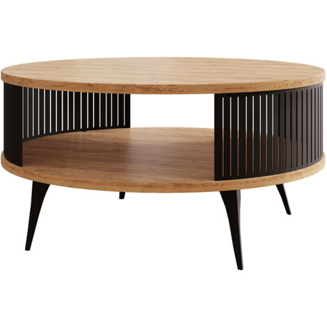 Bestmobilier – Table basse ronde 75 cm – Aspect chêne naturel et noir – 1 niche – Acier et panneaux de particules – Résistante à l'humidité et aux rayures (1/4)