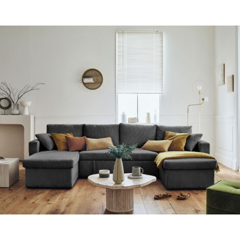 Bestmobilier – Canapé panoramique en U 7 places convertible avec coffre – Velours côtelé 100% polyester – Dimensions L290 x H83 x P147 cm