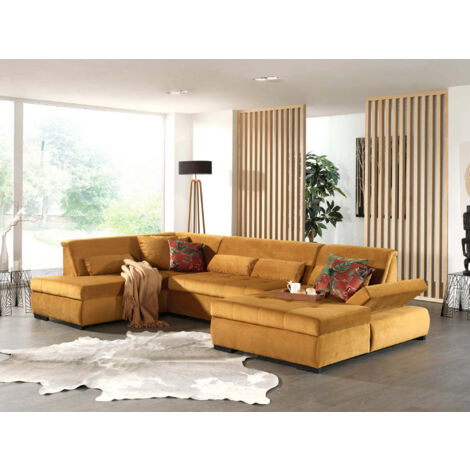 Lisa Design – Canapé panoramique d'angle gauche 7 places – Revêtement velours 100% polyester – Accoudoir réglable – Fabrication européenne – Dimensions L335xH77xP197 cm (1/5)