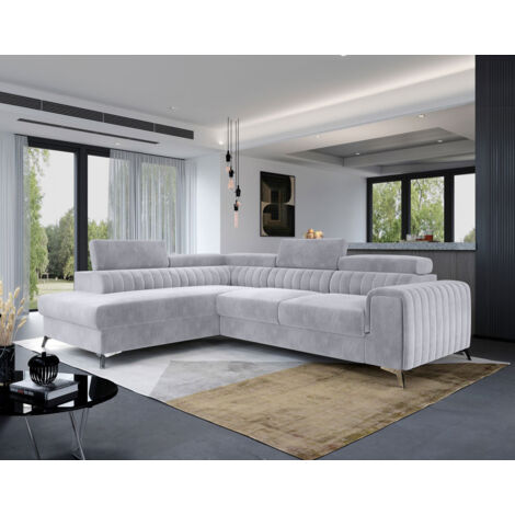 Bestmobilier – Canapé d'angle gauche 5 places convertible avec coffre – Velours gris clair – Dimensions généreuses 278x205cm – Têtières réglables (1/5)